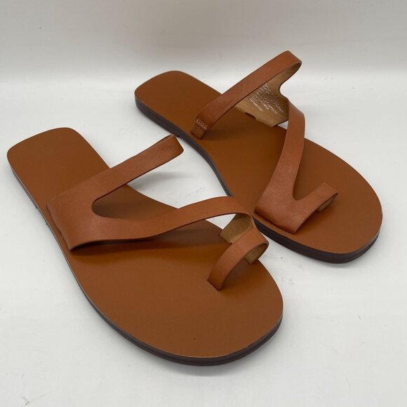 New Madewell Gabi Asymmetric Strap Sandal Warm Coffee Leather Slide Thong Sz 9 - Picture 2 of 9